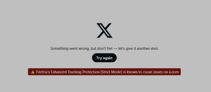 Twitter/x.com is now forcing you to disable Firefox's Enhance Tracking Protection.