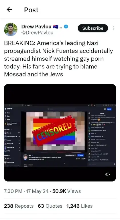 Nazi Propagandist Nick Fuentes Caught on Stream Watching Gay Porn